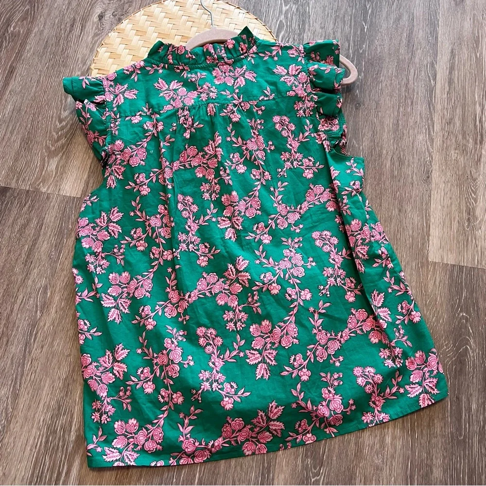 NWT J. Crew ruffle trim sleeveless blouse‎ green and pink floral print button